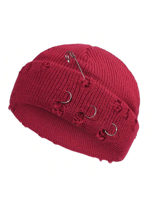 Unisex Hip Hop Ripped Beanie with Pin & Rings