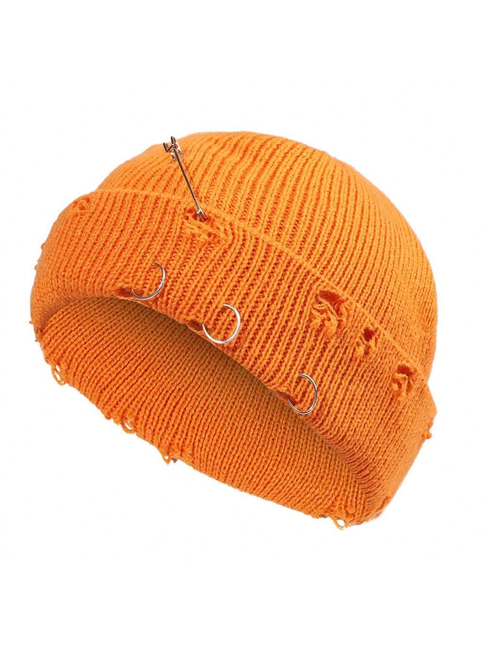 Unisex Hip Hop Ripped Beanie with Pin & Rings