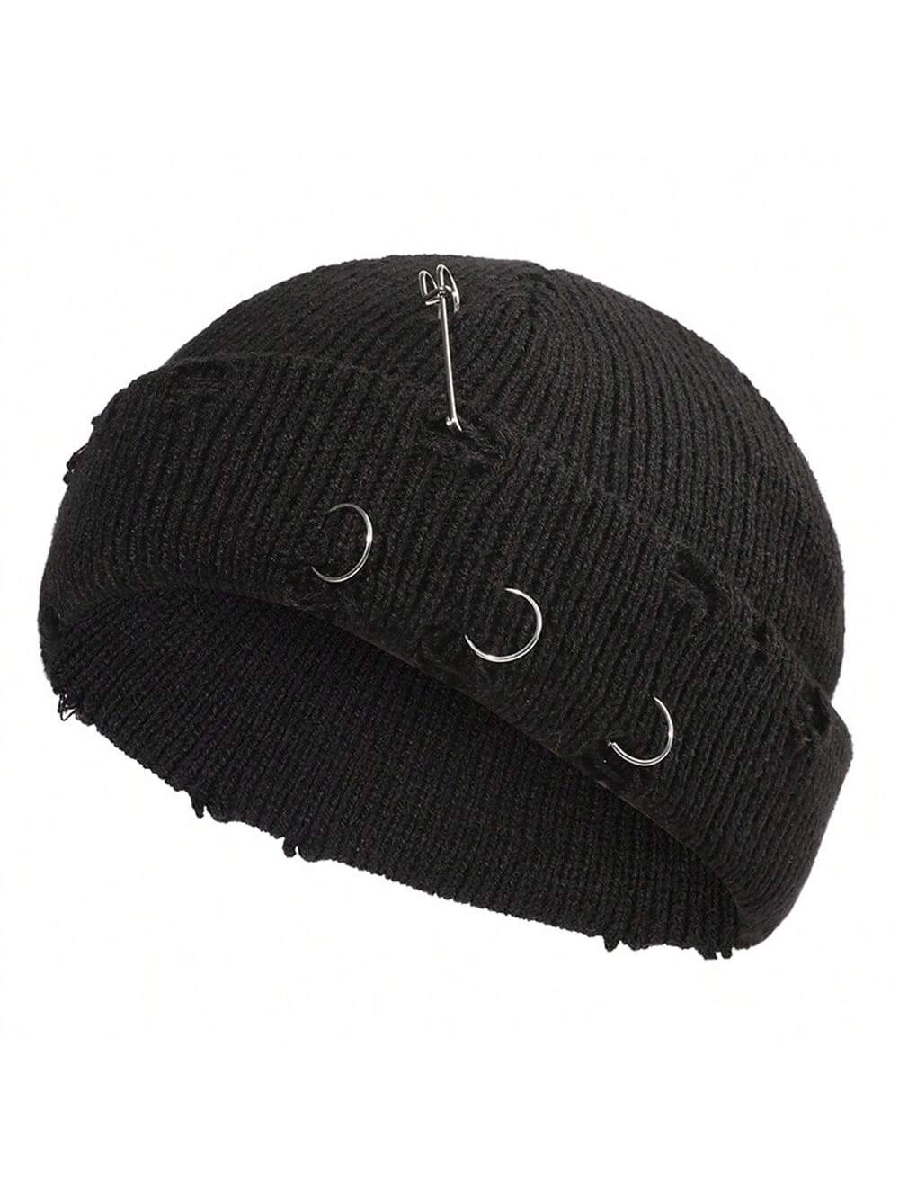 Unisex Hip Hop Ripped Beanie with Pin & Rings