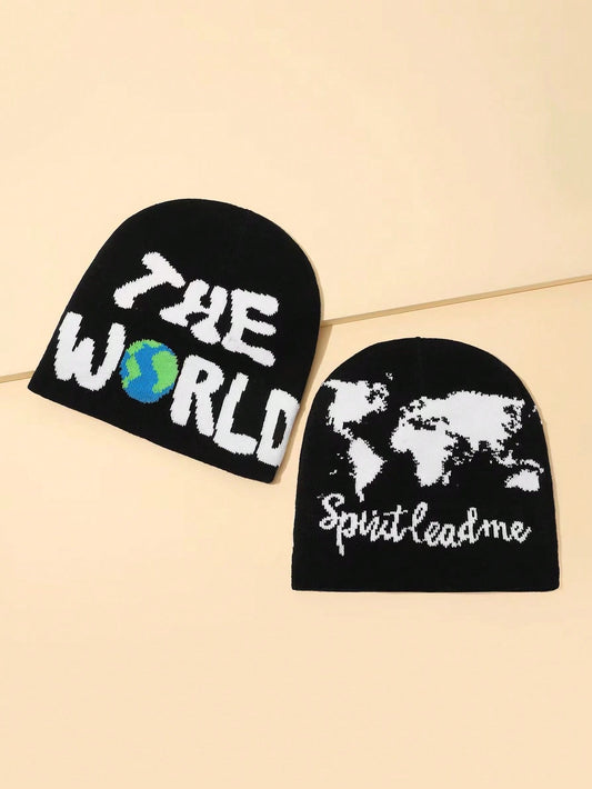 Men Letter Earth Map Knit Beanie Warm Winter Cap