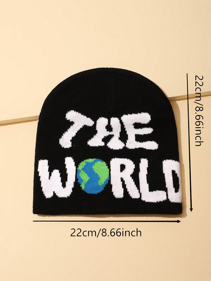 Men Letter Earth Map Knit Beanie Warm Winter Cap