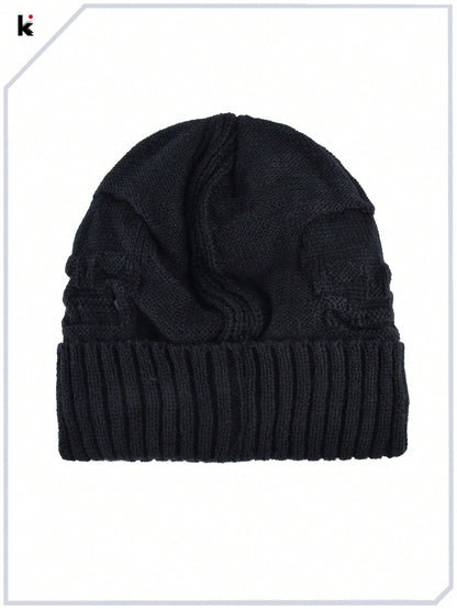 Men's Metal Skull Decor Knitted Beanie - Warm Double Layer