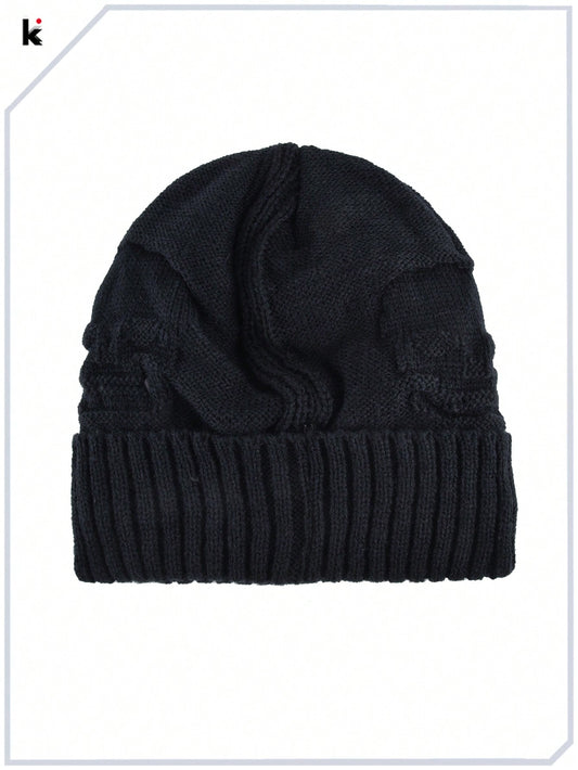 Men's Metal Skull Decor Knitted Beanie - Warm Double Layer