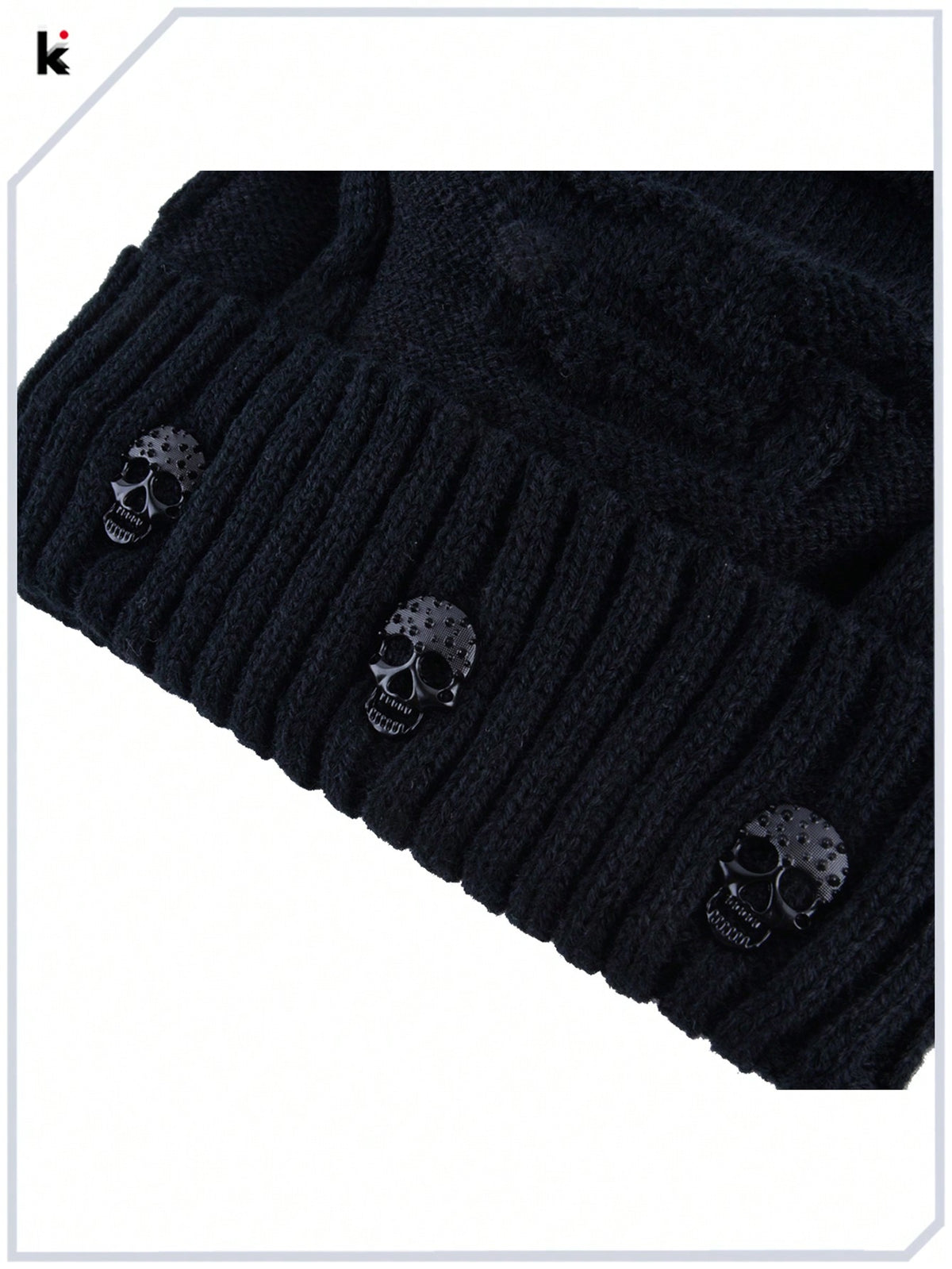 Men's Metal Skull Decor Knitted Beanie - Warm Double Layer