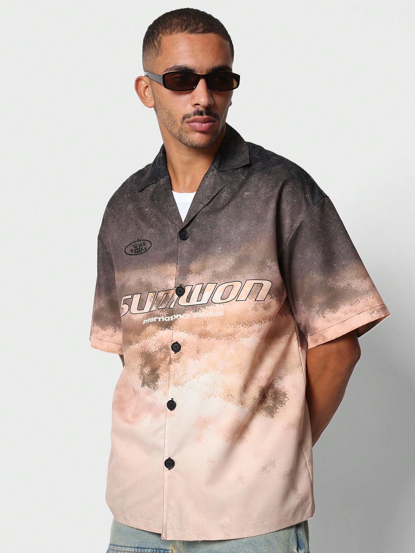 Sunset Print Short Sleeve Revere Collar Shirt