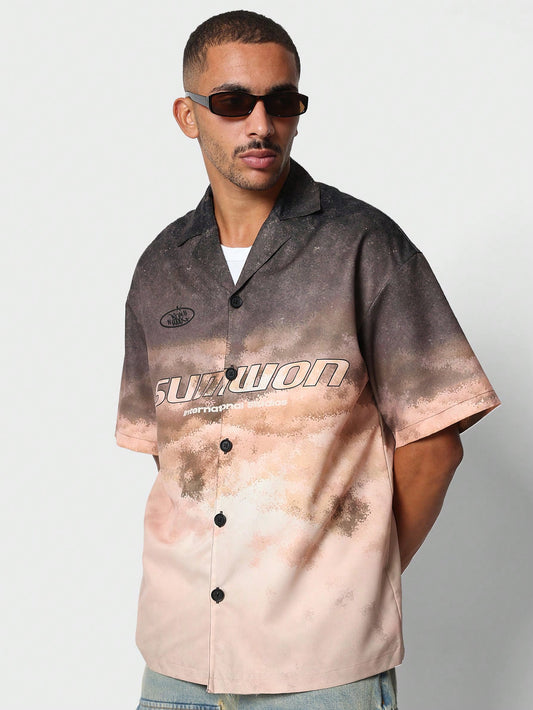 Sunset Print Short Sleeve Revere Collar Shirt
