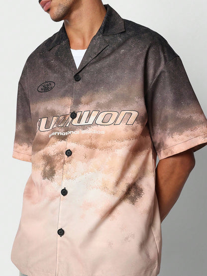 Sunset Print Short Sleeve Revere Collar Shirt