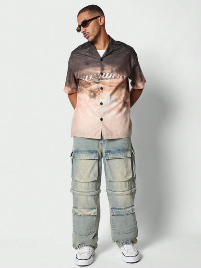 Sunset Print Short Sleeve Revere Collar Shirt