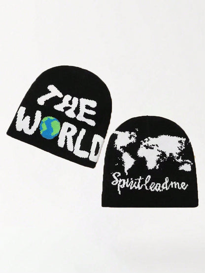 Men Letter Earth Map Knit Beanie Warm Winter Cap