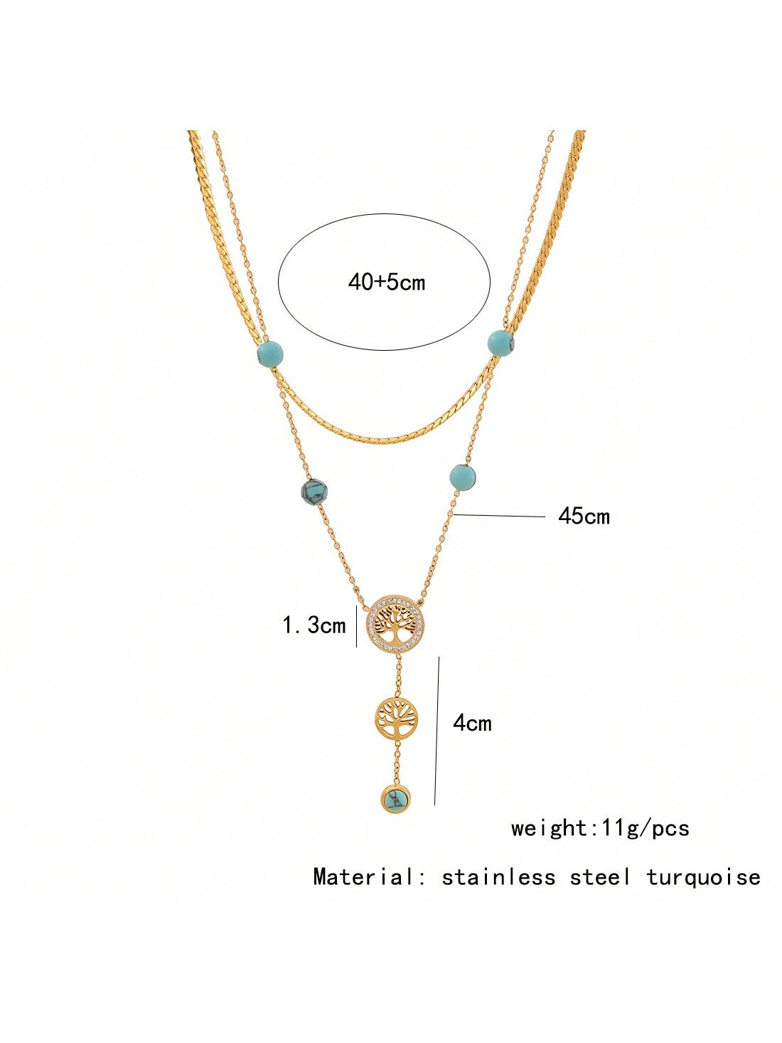 Turquoise Tree of Life Stainless Steel Double Layer Chain Necklace