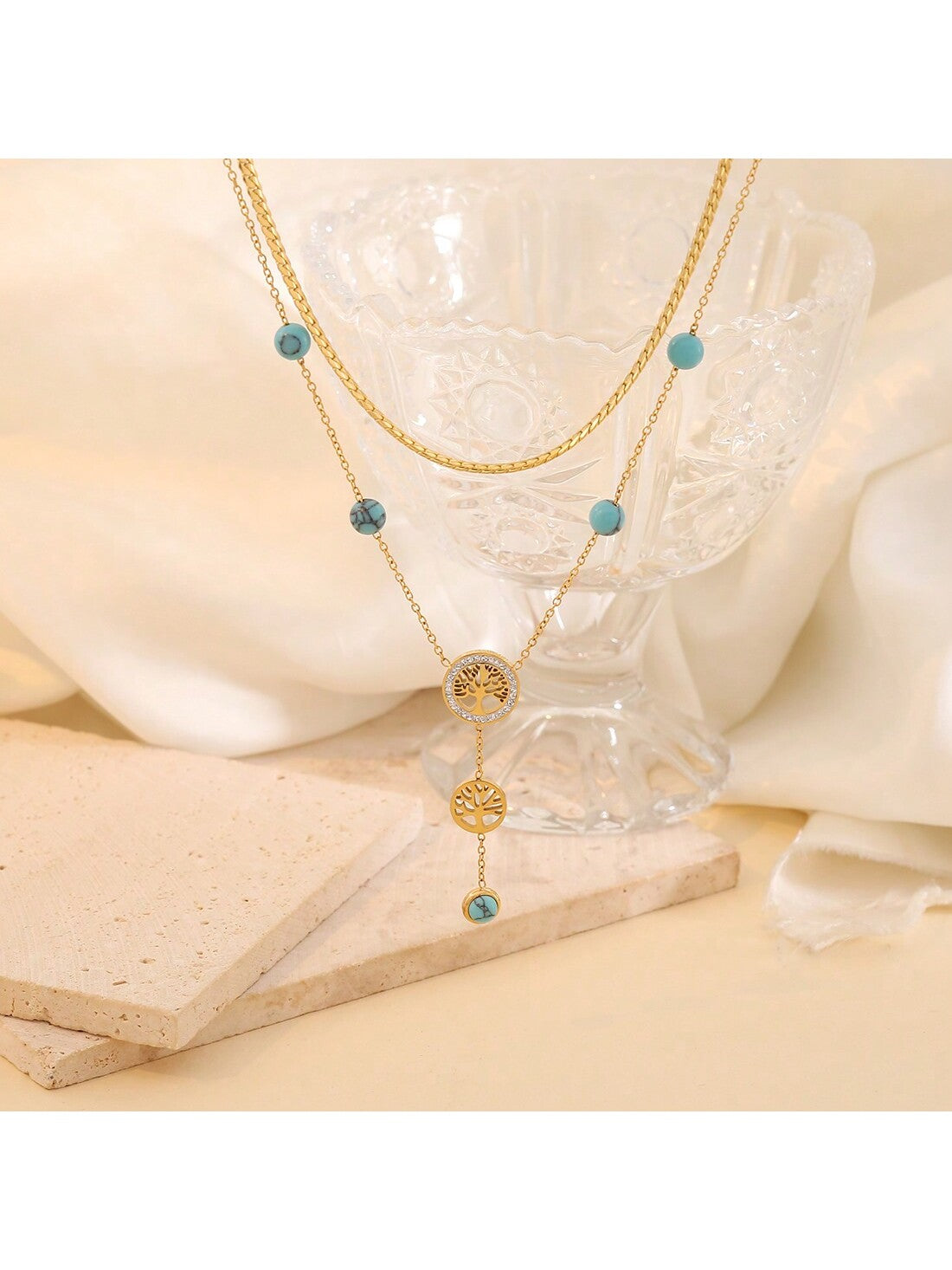Turquoise Tree of Life Stainless Steel Double Layer Chain Necklace