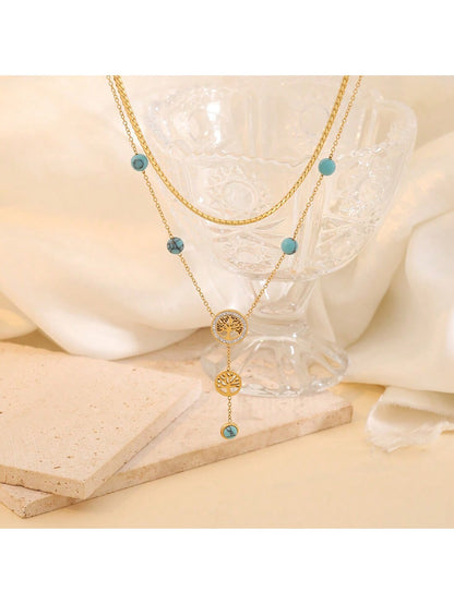 Turquoise Tree of Life Stainless Steel Double Layer Chain Necklace