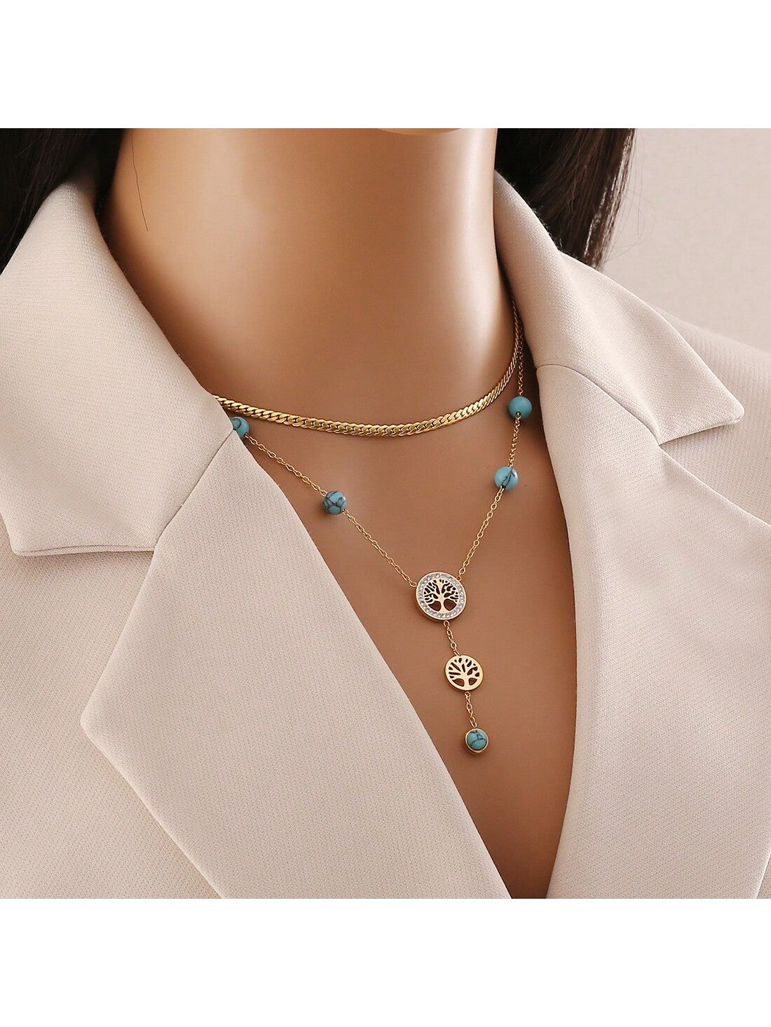 Turquoise Tree of Life Stainless Steel Double Layer Chain Necklace