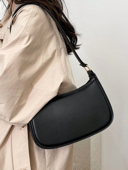 Simple Black Solid Color Flap Underarm Shoulder Bag