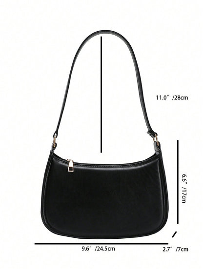 Simple Black Solid Color Flap Underarm Shoulder Bag