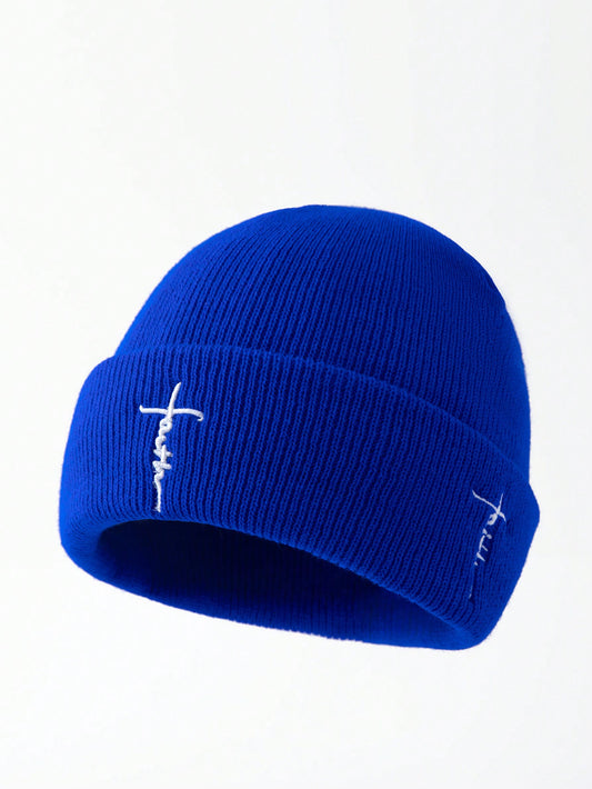 Men's Embroidered Letter Faith Warm Winter Beanie