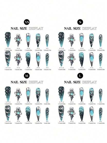 Blue Silver Long Stiletto Handmade Press-On Nails