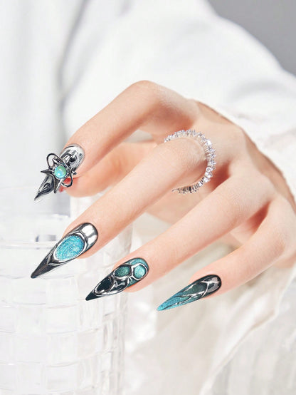 Blue Silver Long Stiletto Handmade Press-On Nails