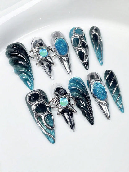 Blue Silver Long Stiletto Handmade Press-On Nails