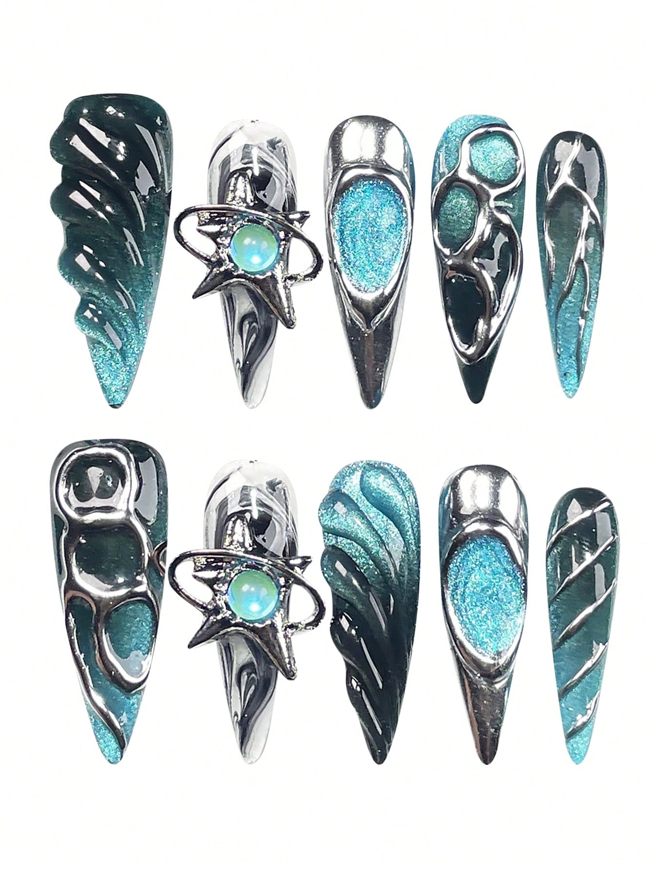 Blue Silver Long Stiletto Handmade Press-On Nails