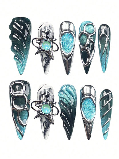 Blue Silver Long Stiletto Handmade Press-On Nails