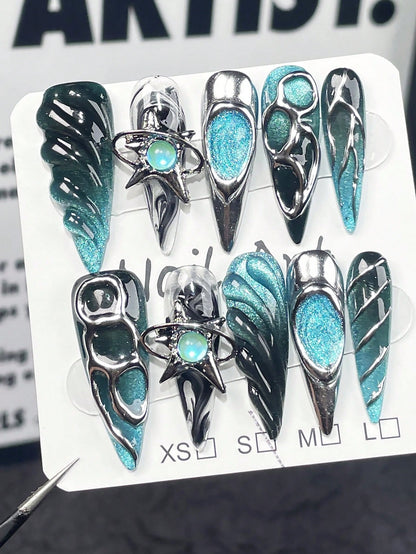Blue Silver Long Stiletto Handmade Press-On Nails