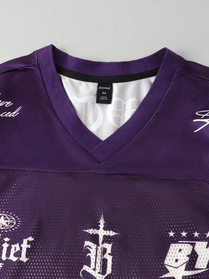 Purple Slogan Print V-Neck Jersey