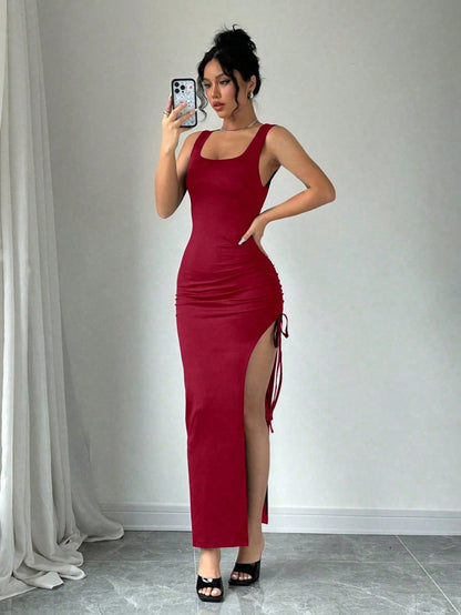Women's Red Side Slit Bodycon Maxi Dress