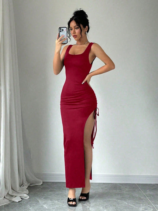 Women's Red Side Slit Bodycon Maxi Dress