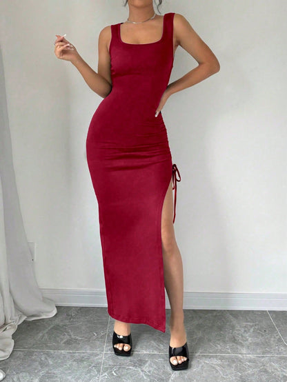 Women's Red Side Slit Bodycon Maxi Dress