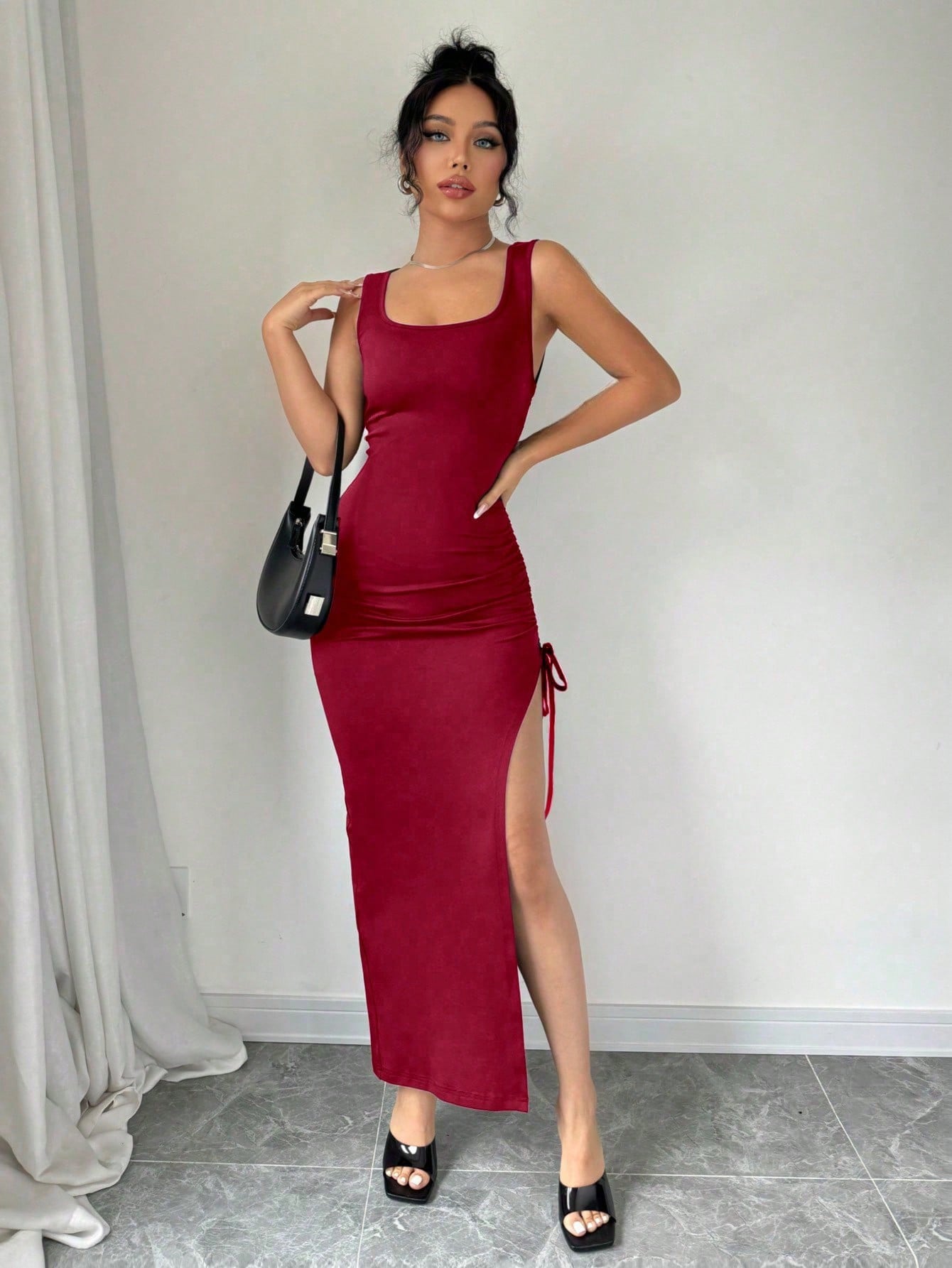 Women's Red Side Slit Bodycon Maxi Dress