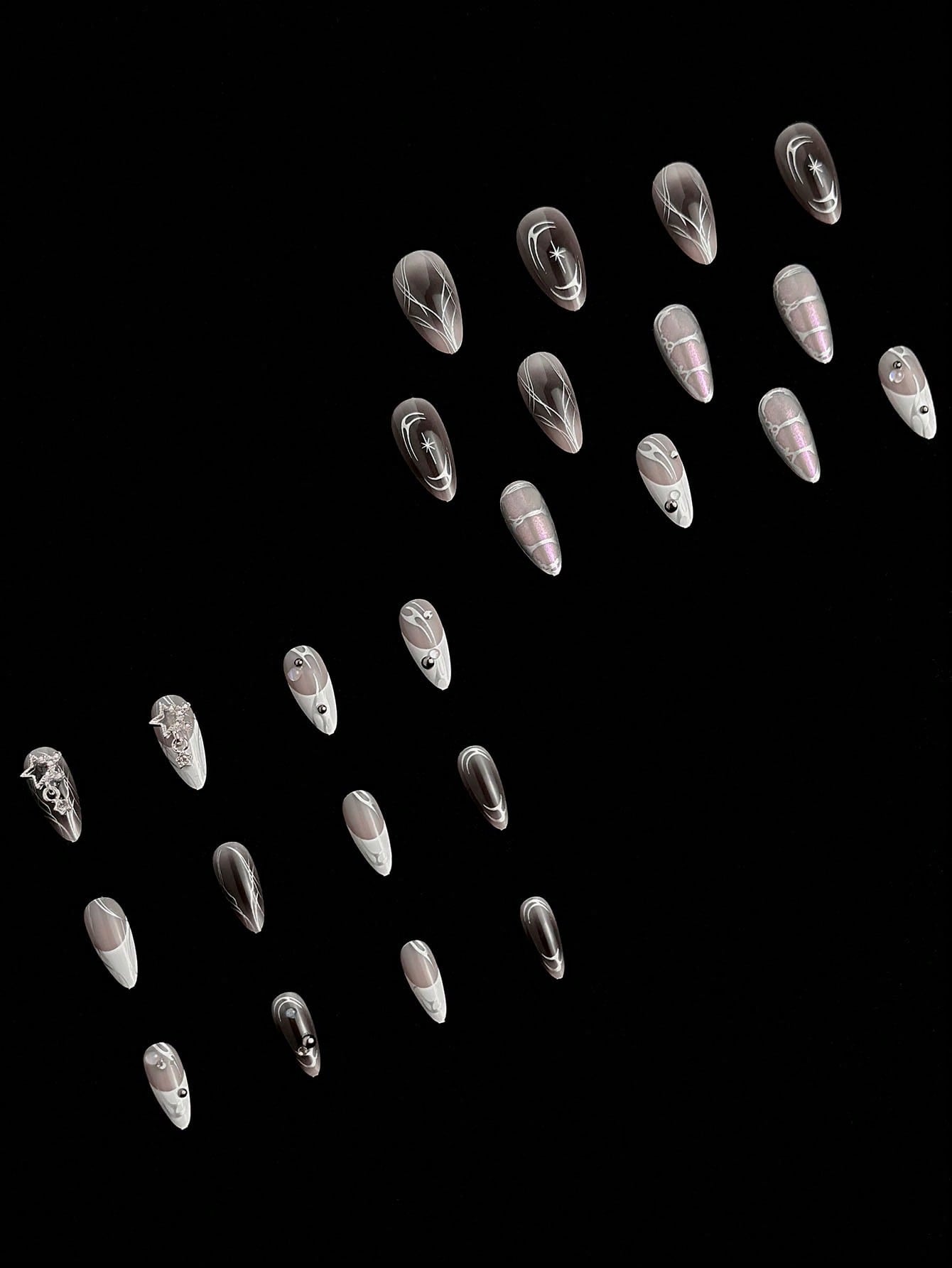 24pcs Y2K Silver 3D Cross White French Almond Nails