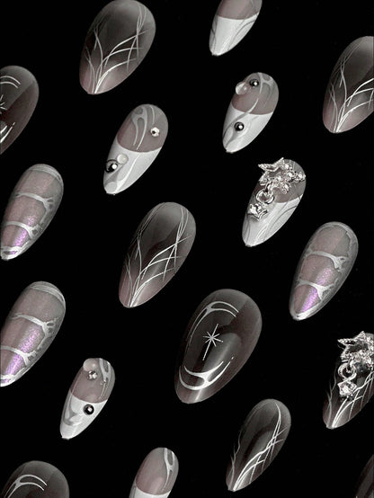 24pcs Y2K Silver 3D Cross White French Almond Nails