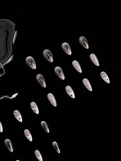 24pcs Y2K Silver 3D Cross White French Almond Nails