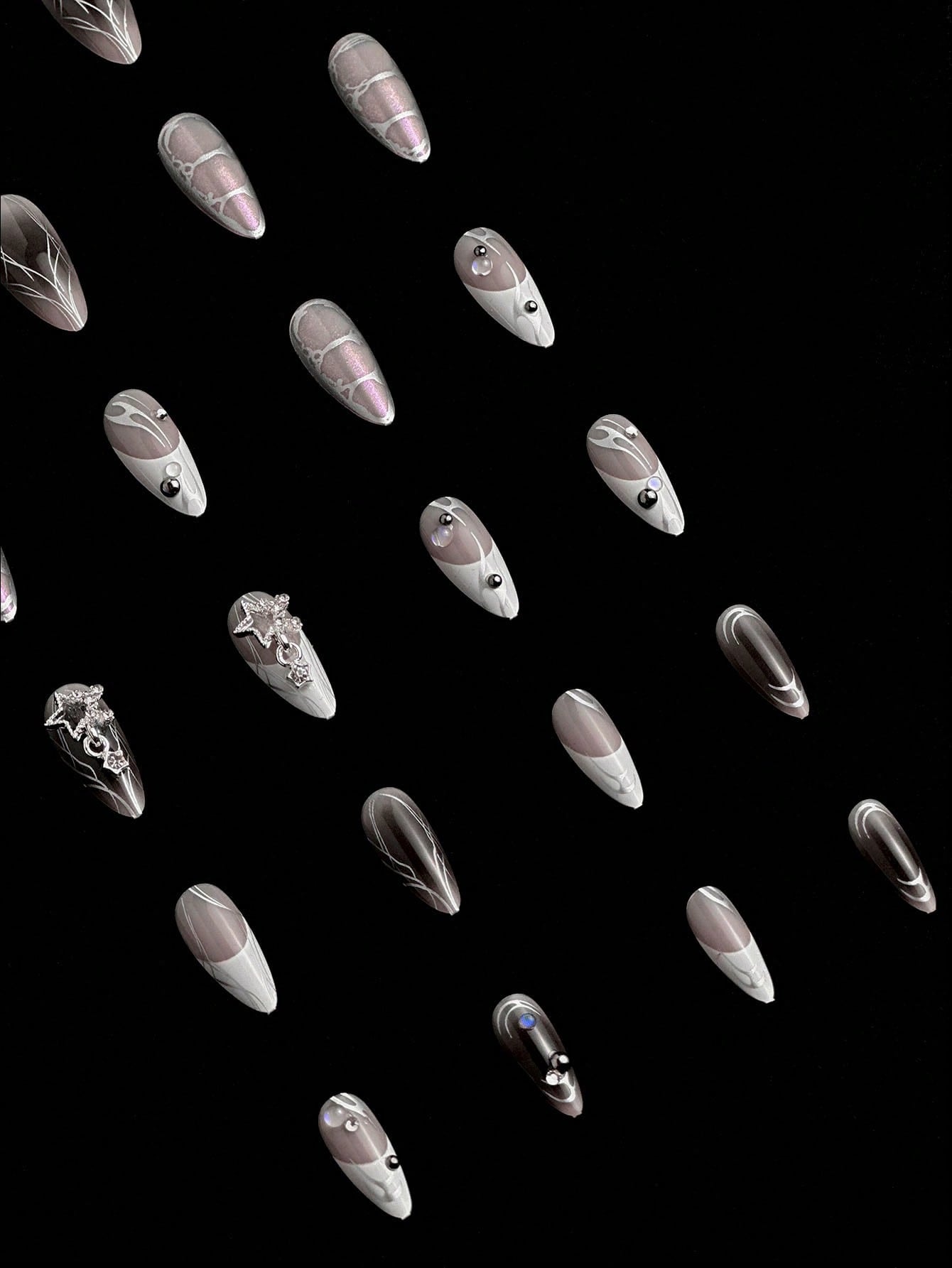 24pcs Y2K Silver 3D Cross White French Almond Nails