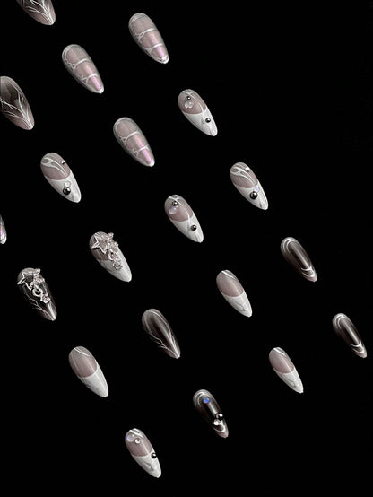 24pcs Y2K Silver 3D Cross White French Almond Nails