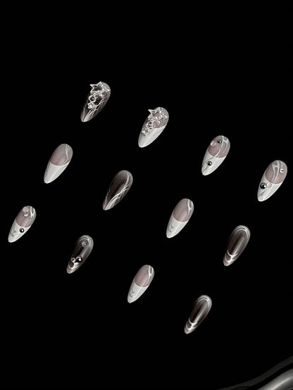 24pcs Y2K Silver 3D Cross White French Almond Nails