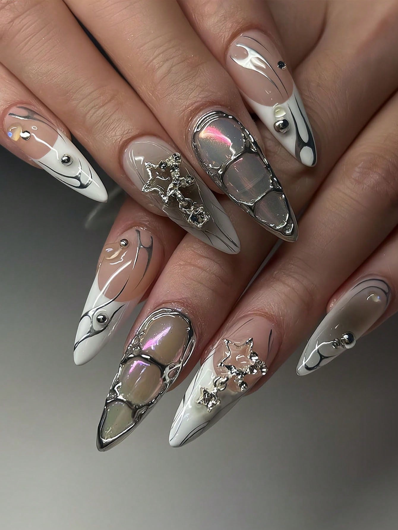 24pcs Y2K Silver 3D Cross White French Almond Nails