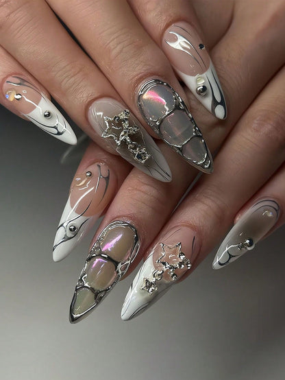 24pcs Y2K Silver 3D Cross White French Almond Nails