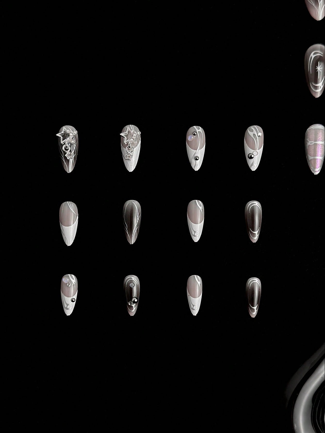 24pcs Y2K Silver 3D Cross White French Almond Nails