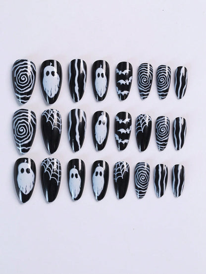 Halloween Ghost Spider Web Almond Press-On Nails