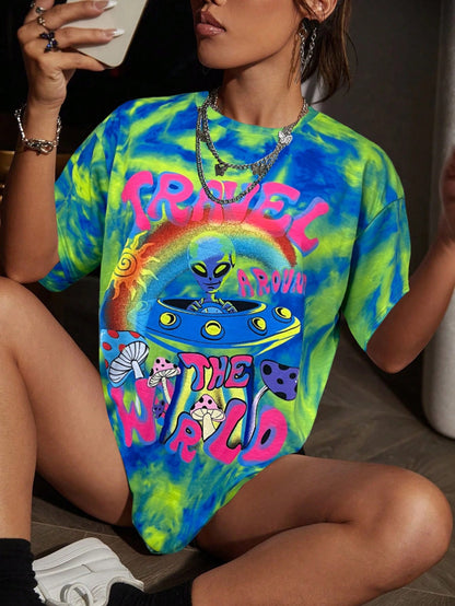 Women's Alien Tie-Dye Letter Print Graphic Tee