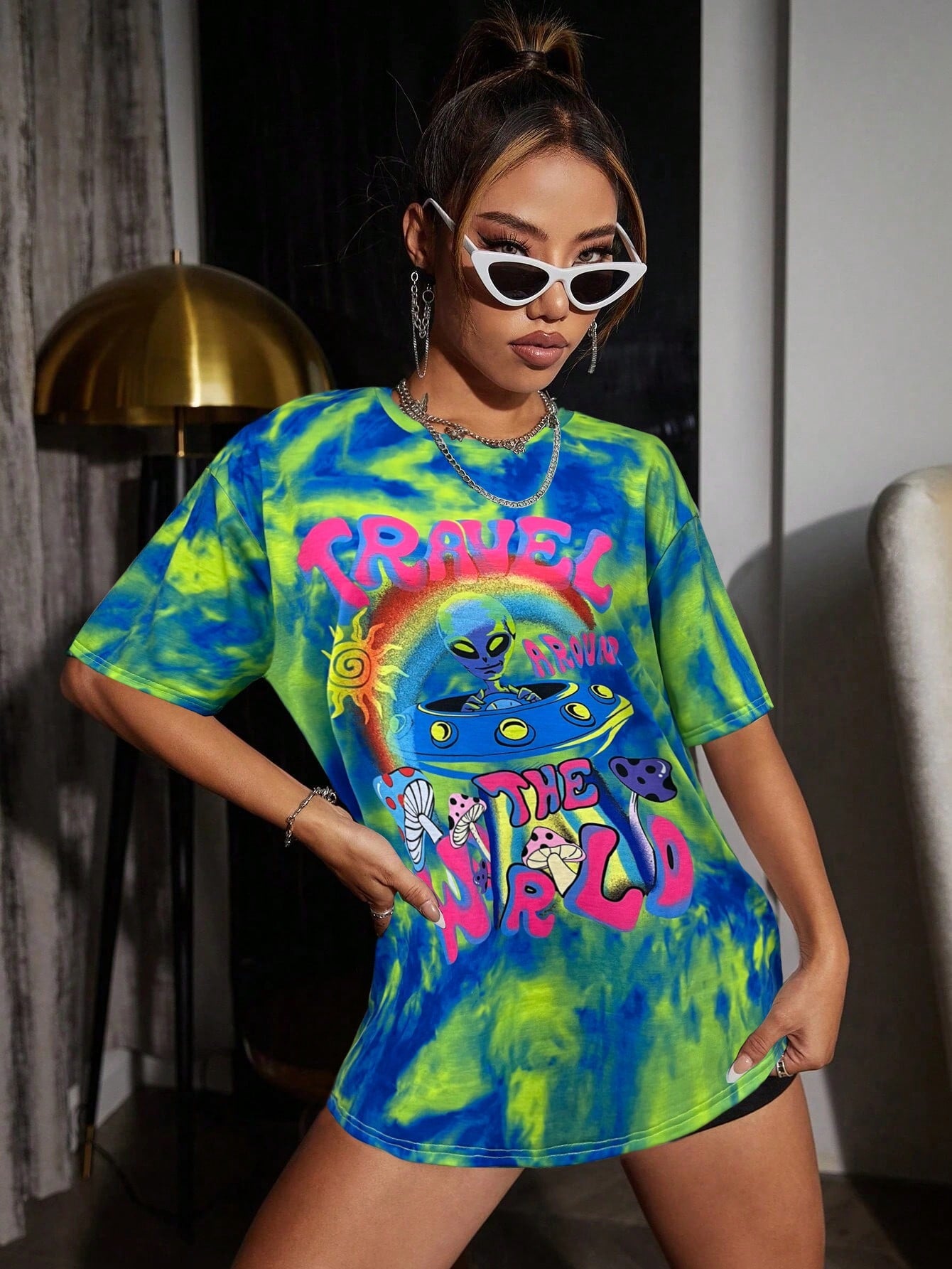 Women's Alien Tie-Dye Letter Print Graphic Tee