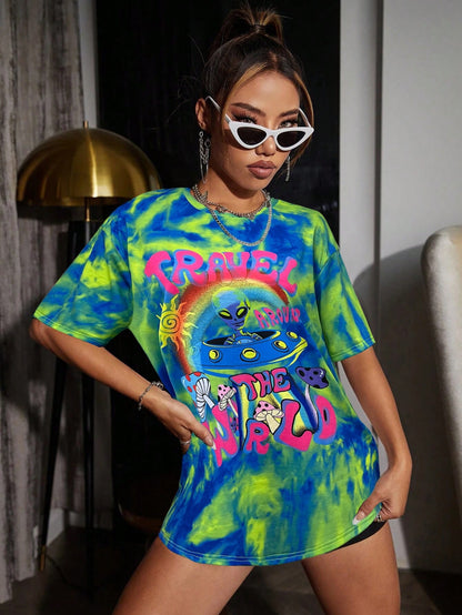 Women's Alien Tie-Dye Letter Print Graphic Tee