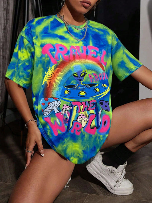 Women's Alien Tie-Dye Letter Print Graphic Tee
