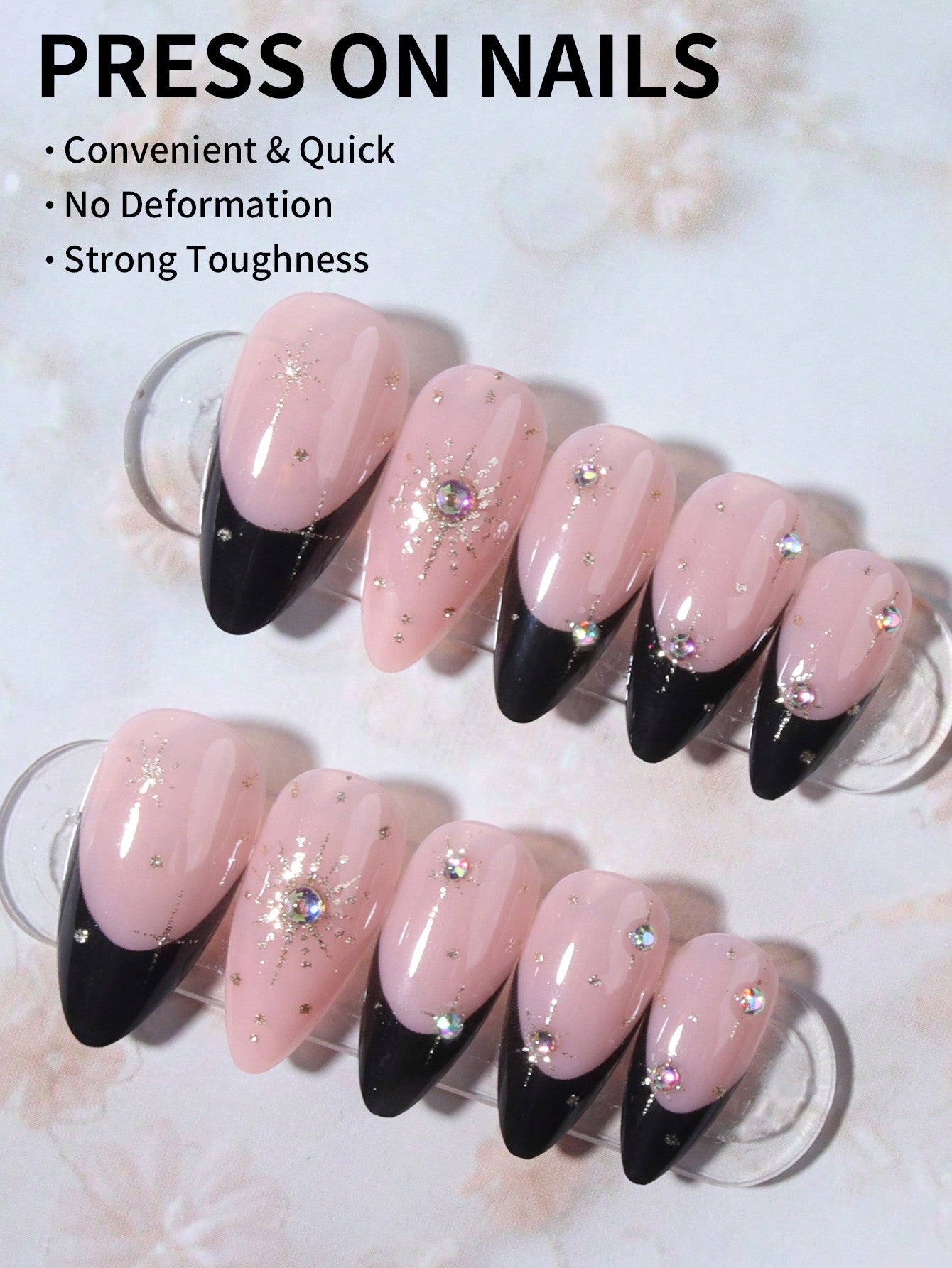 24pcs Black 3D Rhinestone Glitter French Almond Nails