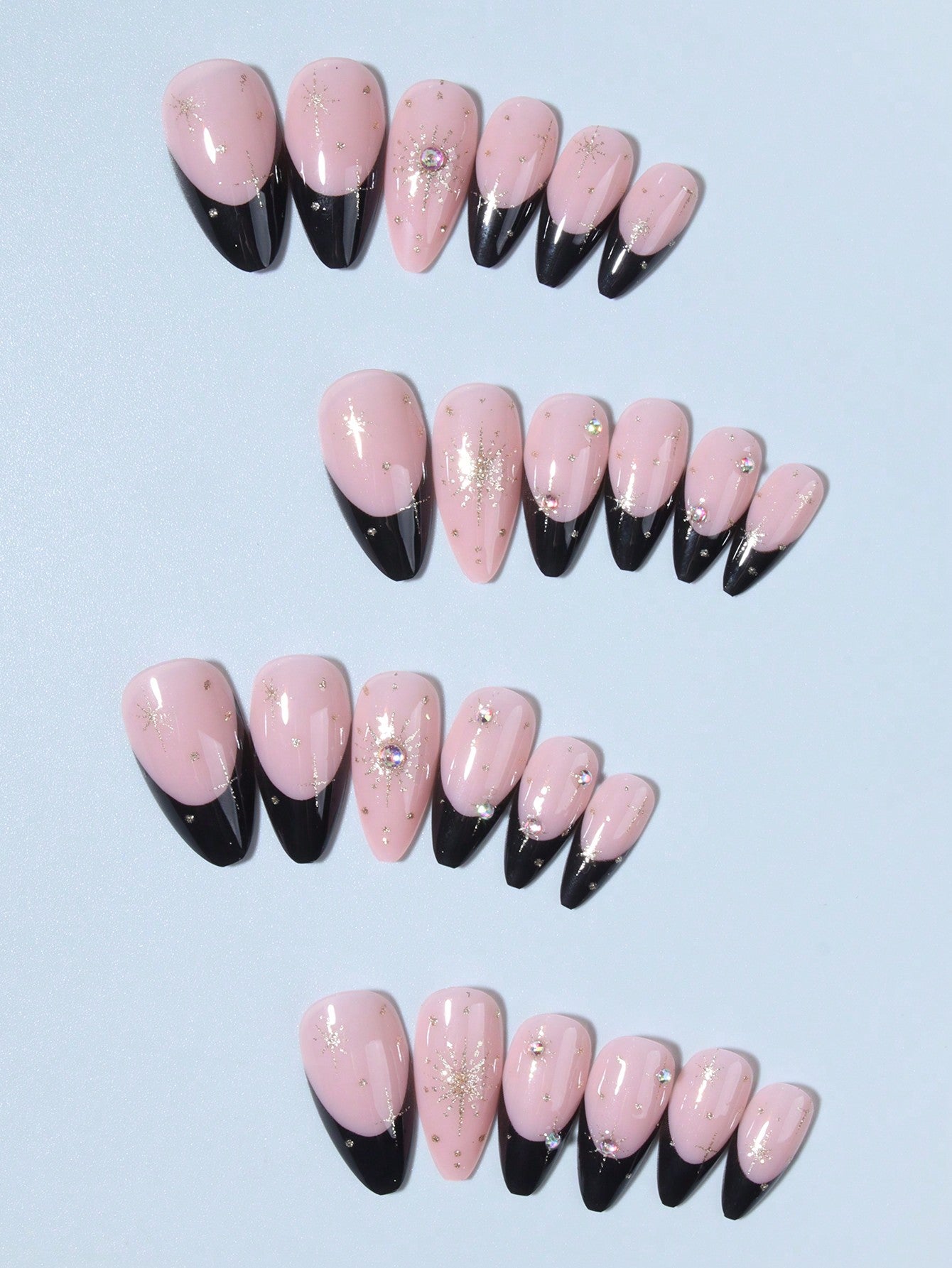 24pcs Black 3D Rhinestone Glitter French Almond Nails