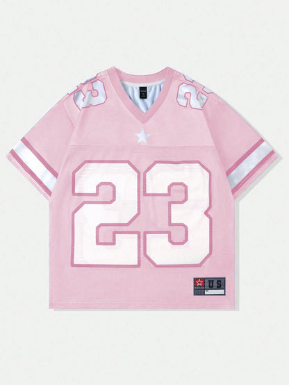 Pink Patched Sports Loose Fit Short Sleeve Jersey