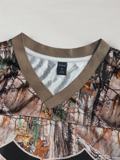 Street Life Men's Khaki Camouflage Branch Print V-Neck Sports Jersey