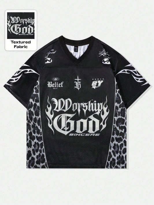 Black Gothic Punk Slogan V-Neck Jersey